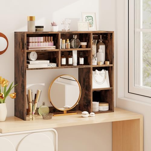 LDAILY Desktop Bookshelf, 37’’ Wood Desk Shelf with 7 Cubes & 3 Adjustable Shelves, 3-Tier Desk Display Rack, Desk Hutch for Dorm College Office Computer Monitor Up to 27’’ (Rustic Brown, 7 Shelves) - Image 6