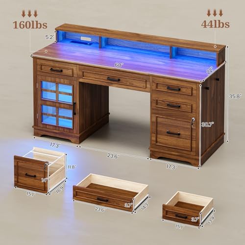 UPOSOJA 60'' Farmhouse Executive Desk with Drawers, Home Office Desk with Power Outlet & LED Light, Wood Computer Desk with Monitor Stand, Locking File Drawer, Glass Storage Cabinet, Hooks - Image 2