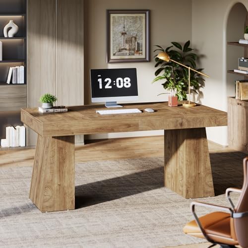 Tribesigns 55-Inch Executive Desk, Thick Wood Office Computer Desk with Double Pedestal, Modern Minimalist Workstations Writing Table Conference Table Furniture for Home Office, Brown - Image 4