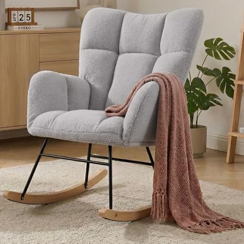 Nursery Rocking Chair, Teddy Upholstered Glider Chair with Thick Cushion, Tufted Gliding Rocker Chair with Wood Leg, Cozy Rocking Armchair, Accent Rocking Chair for Living Room (Light Gray) by Wryxplor