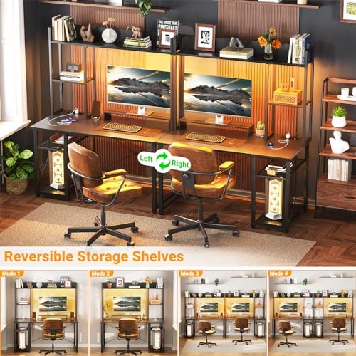 Cyclysio Gaming Desk with Hutch, 39'' Computer Desk with LED Lights & Power Outlets, Home Office Desk with Reversible 5 Tiers Storage Shelves & Monitor Stand, Small Gaming Table for Small Space, Black - Image 4