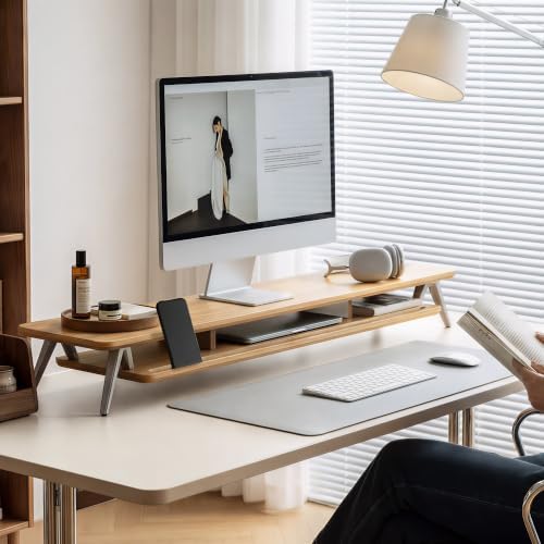 Fenge Dual Monitor Stand Riser, Wooden Desk Shelf with 2-Tier Storage - Image 2