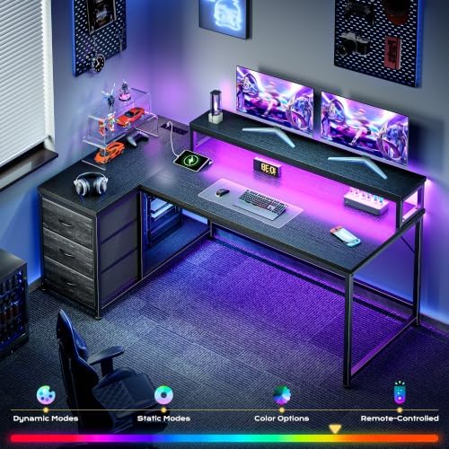 EnHomee 55" L Shaped Gaming Desk with 3 Storage Drawers & LED for Bedroom - Image 5