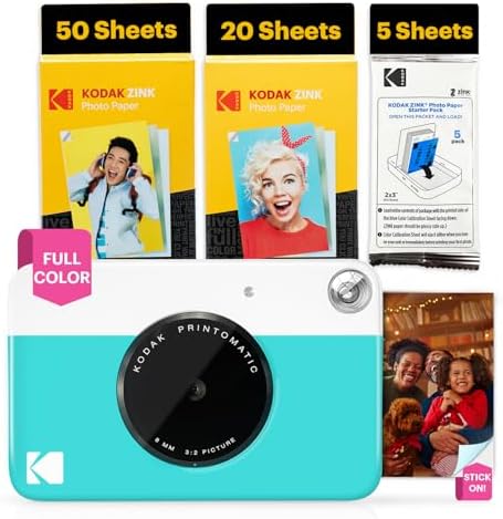 Kodak Printomatic Full-Color Instant Print Digital Camera - 75 Sheets Bundle - Prints On Zink 2x3 Sticky-Back Photo Paper - 5MP, Portable, Creative Fun Gift for Birthday, Christmas, Holiday - Blue by Unknown