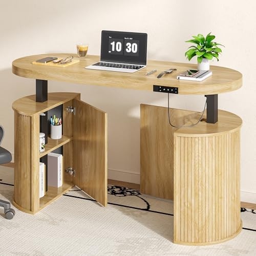 Mid Century Modern Electric Standing Desk with Storage, 55 x 22 Inch Small Sit Stand Up Desk, Wood Adjustable Height Computer Executive Desk for Home Office, Laptop, Oak by BuyNow
