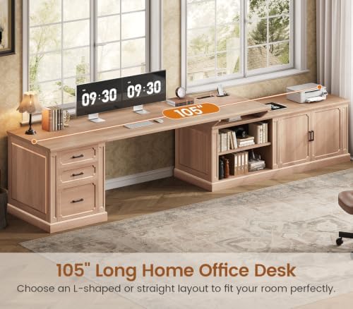 SEDETA Farmhouse L Shaped Desk with Drawers, 70.9" Home Office Desk with Storage Cabinet and Storage Shelves, L Shaped Computer Desk with Power Outlet，Oak - Image 3