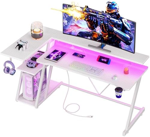 Korfile 55 Inch White Gaming Desk with Power Outlet & LED Lights, L Shaped Computer Desk Gaming with 3 Tiers Storage Shelves, Reversible Corner Desk with Monitor Stand for Bedroom by Korfile