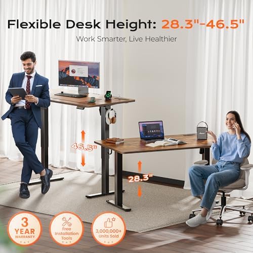 Huuger 55 x 28 Large Electric Standing Desk with 4 AC Outlets, Type-C Port, Height Adjustable Computer Desk, 27.6" Deep Desktop, Stand up Gaming Office Desk, 3 Preset Heights, Rustic Brown - Image 3
