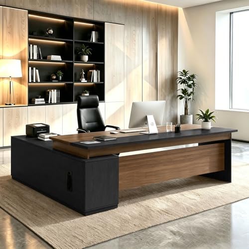 L Shaped Executive Desk with Drawers, Large Wood Workstation, Modern Executive Office Furniture for Home Office and Business Workspace, Multiple Sizes & Colors by Unknown