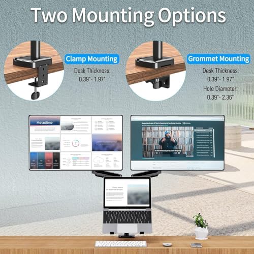 MOUNTUP Dual Monitor and Laptop Mount, Adjustable Monitor Stand for 2 Max 27" Computer Screens, Laptop Tray Fits 10-17inch Notebook, Holds 4.4-17.6lbs Per Arm, 3-in-1 Adjustable Monitor Desk Mount - Image 6