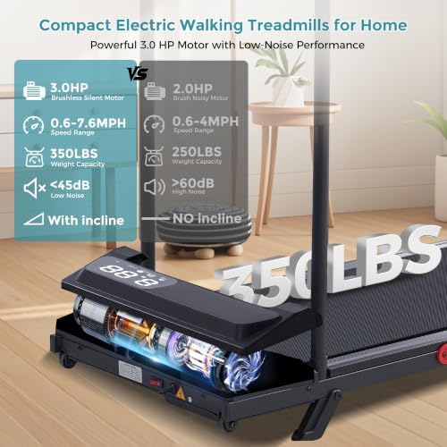 Portable Walking Pad Treadmill with Handle Bar and Incline for Home, 0.6-7.6MPH Under Desk Treadmill for Home Small, 350LBS Small Treadmills with Handles, 3.0HP Treadmills for Exercising - Image 7