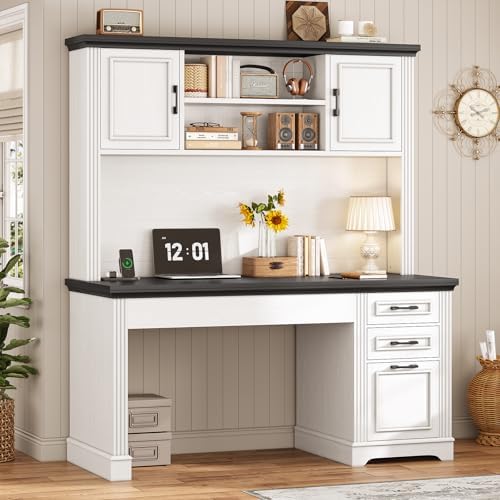 SEDETA Farmhouse Computer Desk with Hutch and 3 Drawers, 47.2" Executive Office Desk with Storage Drawers, Wood Desk with Power Outlet for Home Office, White - Image 3