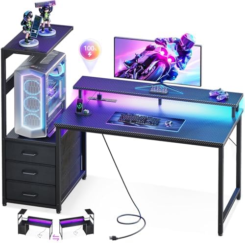 Casaottima 52 Inch Gaming Desk with USB Charging Ports & LED Light - Reversible Computer Desk with 3 Fabric Drawers, Monitor Stand, CPU Stand, Modern Office Desk, Black by Casaottima