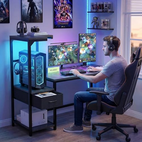 Grandder Gaming Desk 47 Inch with CPU Stand and LED Light, Computer Desk with Reversible Shelves and Storage Drawer, Pc Small Desk for Home Office Table with Bag, Carbon Fiber Black - Image 2