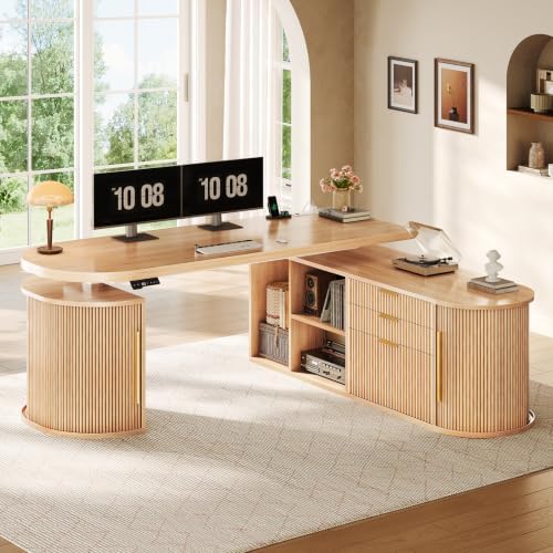 SEDETA 57" L Shaped Standing Desk with Storage, Electric Height Adjustable Curved Executive Desk, Fluted Desk with Drawers & Power Strip for Home Office, Light Oak by SEDETA