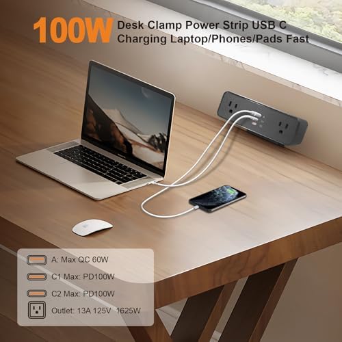 Desk Clamp Power Strip USB C 100W, Desktop Edge Mount Fast Charge Station 3 PD USB Port 2 AC Outlets 6ft Braided Extension Cord Flat Plug Fit Max 3.26’’ Tabletop Edge for Gaming Office Table. - Image 2