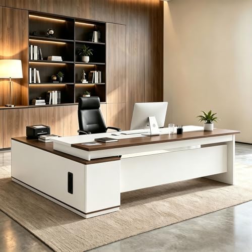 L Shaped Executive Desk with Drawers, Large Wood Workstation, Modern Executive Office Furniture for Home Office and Business Workspace, Multiple Sizes & Colors by Unknown