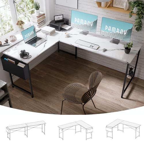Pamray 64.5 Inch Reversible L Shaped Gaming Desk Large Corner Computer Desk with Storage Bag Home Office Table for Writing Study Marble - Image 4