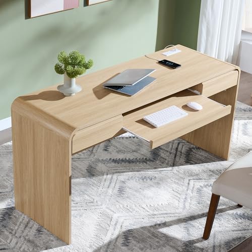 63" Modern Computer Desk with 2 Drawers, Wood Curved (Natural) by ALLTUFOYourDailyEssential