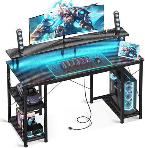 ODK 48 Inch Gaming Desk with LED Lights & Storage Shelves, Carbon Fiber by ODK