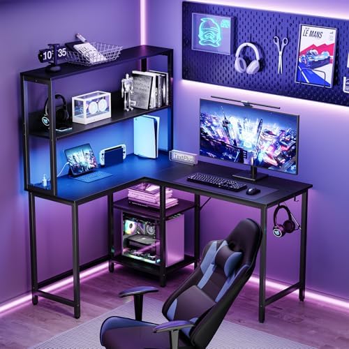 DUMOS 43” L Shaped Gaming Desk with LED Light & USB Power Outlet, Black by DumosLifestyle