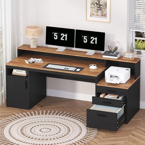 YOMILUVE Computer Desk with 3 Drawers & Storage Shelves, 65 Inch Home Office Desk with File Drawer & Cabinet, Writing Study Desks with Monitor Stand & Printer Shelf, Executive Desk, Brown and Black by YomiluveDesign