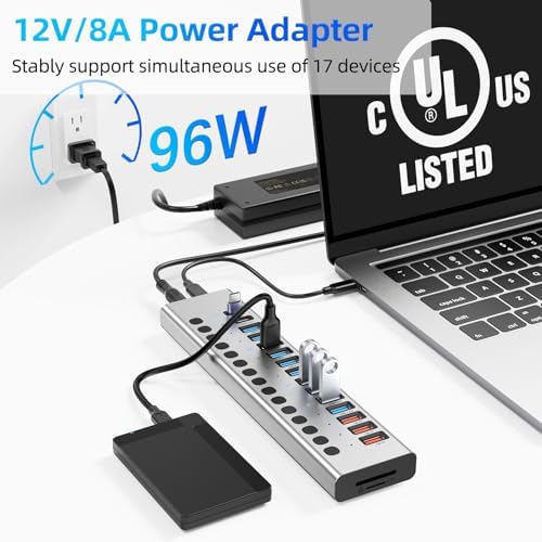 VANGREE Powered USB Hub 10Gbps, 17 Ports USB 3.2 Hub, 96W Power Adapter - Image 4