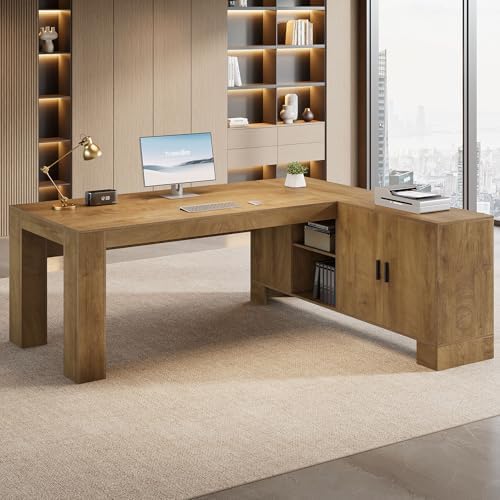 Tribesigns L-Shaped Executive Desk, 78-Inch Office Desk with Storage Cabinet and 2-Tier Shelf, Large Wooden Computer Writing Table Business Furniture Workstation for Home Office, Brown - Image 5