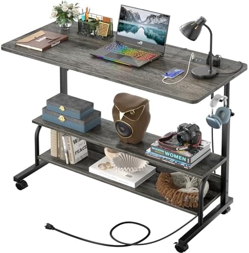 39" Height Adjustable Standing Desk with Power Outlets - Manual Rolling Stand Up Desk with Wheels Small Portable Computer Desk Mobile Laptop Table with Storage Shelves for Home Office, Grey Oak by Besiost