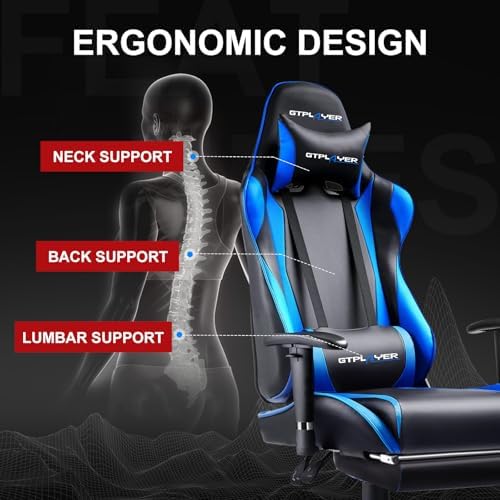 GTPLAYER Gaming Chair Racing Office Computer Game Desk Chair Ergonomic Backrest and Seat Height Adjustment Swivel Rocker with Headrest and Lumbar Pillow E-Sports Chair Black (Blue) - Image 5