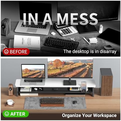 AFOOYO Dual Monitor Stand Riser,LED 2-Tier 39.3 Inch Computer Monitor Stand for 2 Monitors,Office Desktop Organizer with Storage Drawer and Phone Holder for Laptop,PC,Computer,Printer,Walnut - Image 5
