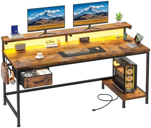 DurayLoly 47.2" Office Desk with Power Outlet & Monitor Stand,Rustic Brown by Durayloly