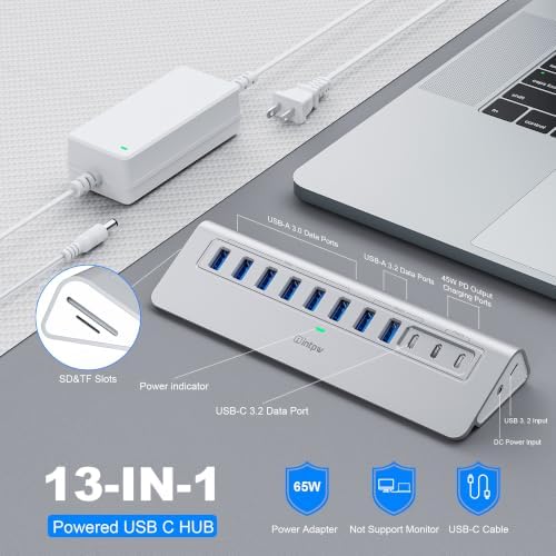 Powered USB Hub 10Gbps, intpw YH9AC Plus 13-Port USB 3.2 Hub(USB A/USB C 3.2+6 USB-A 3.0+2 PD 45W Fast Charging Ports+SD/TF Card Reader), 65W Power Adapter,Aluminum USB HUB for PC/Laptop,iPhone 17/16 - Image 2