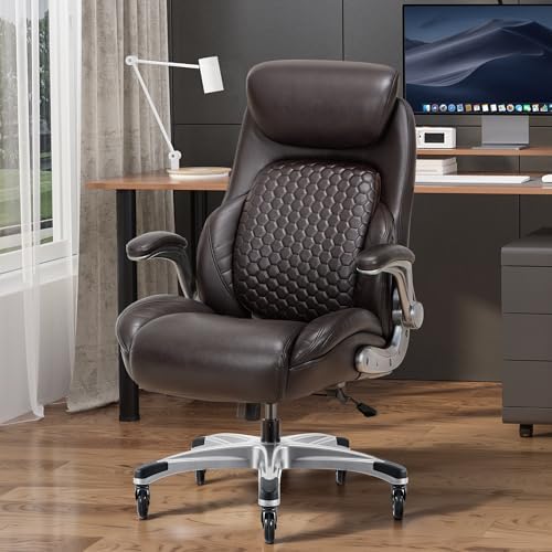 COLAMY Office Ergonomic Desk High Back Executive Chair with Pop-Out Lumbar Support, Upgraded Casters, Adjustable Headrest, Flip-Up Arms, Leather Home with Thick Cushion for Comfort - Brown - Image 2