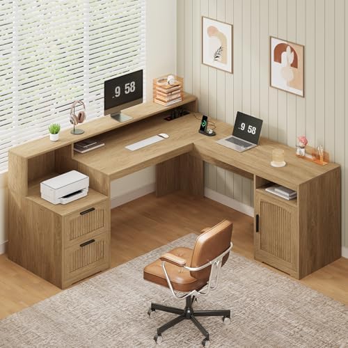 63" Fluted L Shaped Desk with Drawers & Printer Shelf for Home Office by YomiluveDesign