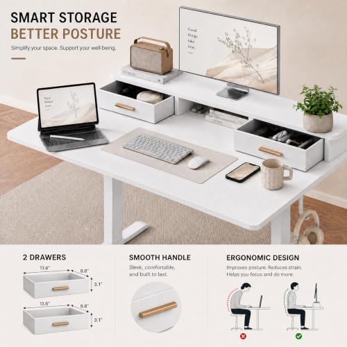 Grandder Electric Standing Desk with Two Drawers, Sit to Stand Up Height Adjustable Desk with Storage Shelf for Home Office, 47 * 24 Inch, Study, Ergonomic Adjustable Computer Desk, White - Image 4