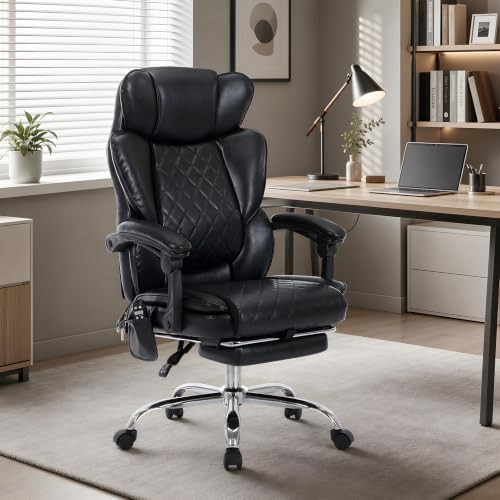 Executive Office Chair, 22.05" Wide Leather Ergonomic Office Chair with Lumbar Support, Footrest and 6-Point Vibration Massage, Reclines 94°-125° for Home Office Room, Black - Image 2