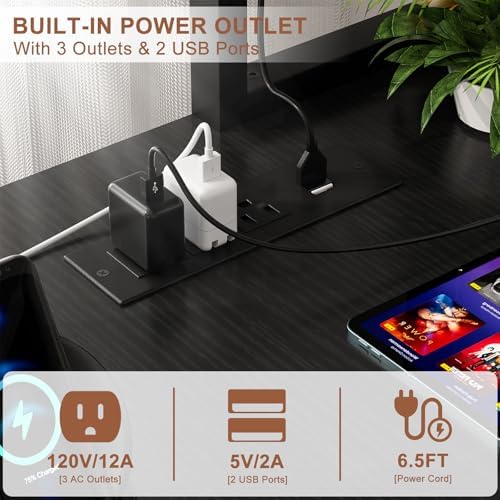 Aheaplus 59" L Shaped Desk Gaming Desk with LED Light & Power Outlet, Black - Image 5
