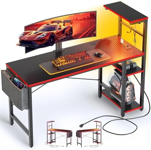 Bestier Gaming Desk with Power Outlets, 44 Inch Led Gamer Desk with 4 Tiers Reversible Shelves, PC Gaming Table with Headset Hook & Side Storage Bag for Bedroom (Black 3D Carbon Fiber) by Bestier