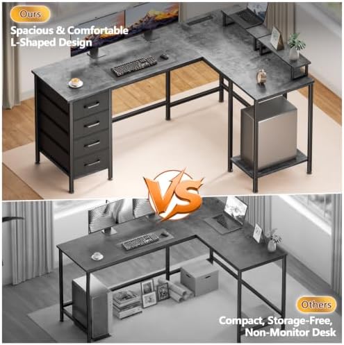Korfile 59 inch L Shaped Computer Desk with Power Outlets, Home Office Desk with 4 Adjustable Storage Drawers & 2 Monitor Stands, Two Person Gaming Table for Bedroom, Grey - Image 5