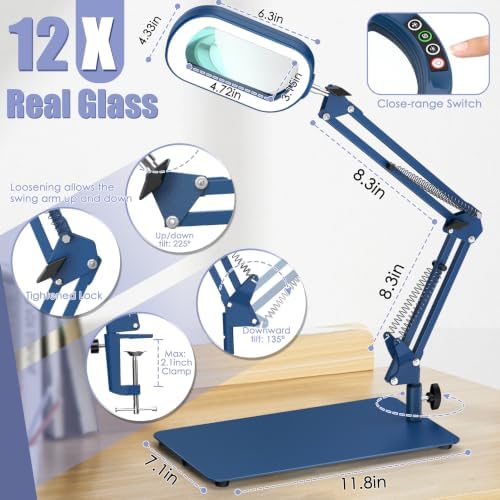 Drdefi 12X Square Magnifying Glass with Light and Stand, Real Glass LED Lighted Magnifier, 5 Color Modes Stepless Dimmable, Hands-Free Mag Desk Lamp with Clamp for Reading Craft Hobby Close Work Blue - Image 6