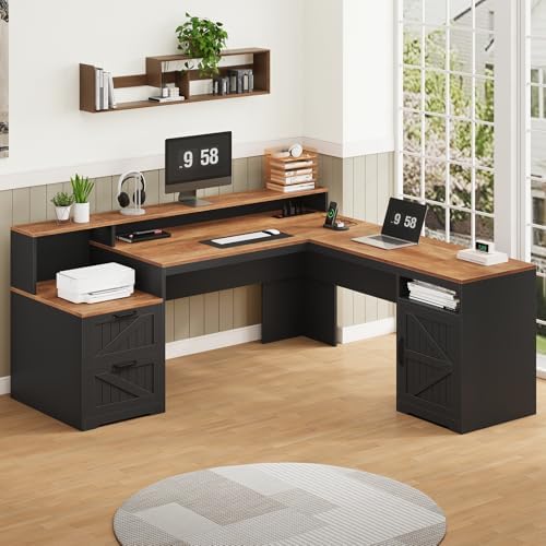 63" Farmhouse L Shaped Desk with Drawers & Printer Shelf for Home Office - Image 3