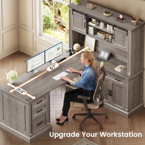 SEDETA 67" Farmhouse Executive L Shaped Desk with Hutch & Storage - Image 5