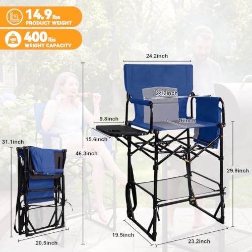Romswi 2 Pack 30" Extra Tall Folding Camping Chairs, Heavy Duty Director Chairs with Side Table, Cup Holder & Storage Pocket, 400 LBS Support, Portable Outdoor Chairs for Camping, Sports, Events, Blue - Image 2