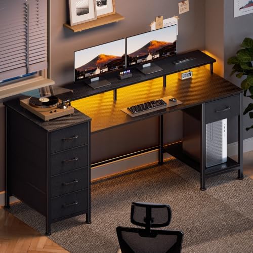 Korfile 55 Inch Gaming Desk with Power Outlets and LED Lights, Reversible Computer Desk with 5 Fabric Storage Drawers, Home Office Desk with Monitor Stand for Working Writing Study, Carbon Fiber Black - Image 4