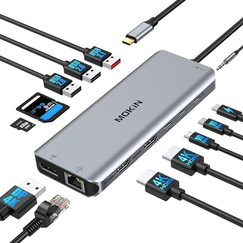 USB C Laptop Docking Station Dual Monitor Dual HDMI 4K DP Triple Display Hub, 13 in 1 MOKiN USB C Hub with 3 Monitors, DisplayPort, USB 3.1, RJ45, 100W PD, Card Reader, Audio/Mic, for Dell HP Lenovo by MOKiN