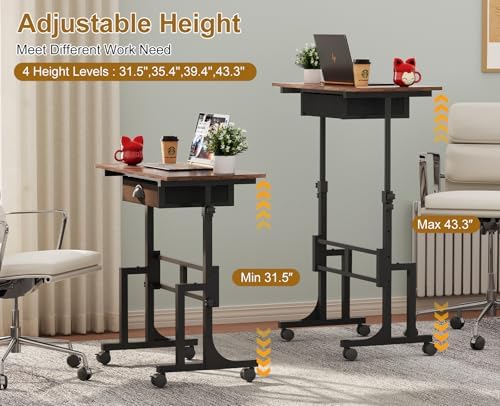 Adjustable Height Standing Desk With Drawer, Rolling Sit Stand Up Desk With Wheels, Small Sit To Stand Computer Desk, Adjustable Desktop Height, On Wheels, Brown, For Walking Pad Laptop Treadmill - Image 3