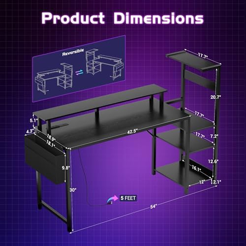 Gaming Desk 54 Inch Computer Table with Storage Shelves & Monitor Stand - Image 4