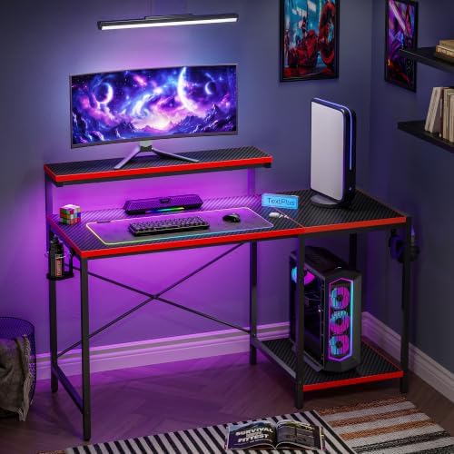 48'' Gaming Desk with Raised Monitor Shelf, LED Lights, Black&Red by RSPGAME