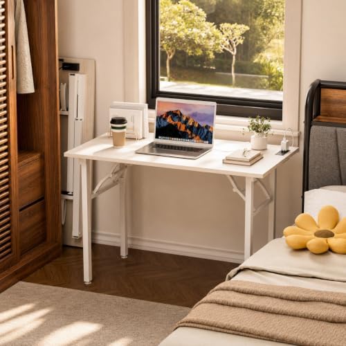 Folding Table Computer Desk - 43.3" No Assembly Folding Desk with Power Outlets & USB Charging Port, Small Desk, Foldable Office Desk, Compact Storage Portable Use for Small Space, White Ash - Image 2